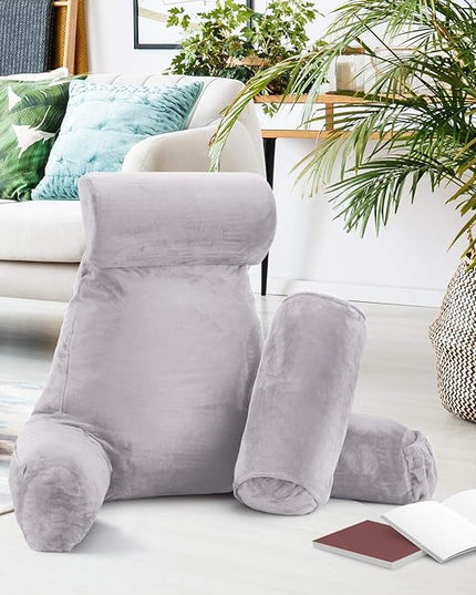 Clara Clark Reading Pillow, Large Back Pillow for Sitting Up in Bed, Memory Foam Back Support Pillow, Reading Pillows for Sitting in Bed Adult Grey Lavender Sit Up Pillow for Bed with Arms and Pockets - LeafyLoom