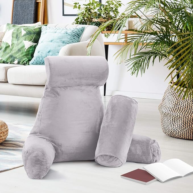 Clara Clark Reading Pillow, Large Back Pillow for Sitting Up in Bed, Memory Foam Back Support Pillow, Reading Pillows for Sitting in Bed Adult Grey Lavender Sit Up Pillow for Bed with Arms and Pockets - LeafyLoom