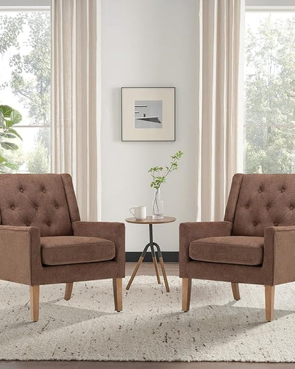 COLAMY Mid-Century Accent Chairs, Modern Wingback Living Room Chair, Upholstered Armchair with Button Tufted Back and Wood Legs for Bedroom/Office/Reading Spaces, Brown - LeafyLoom