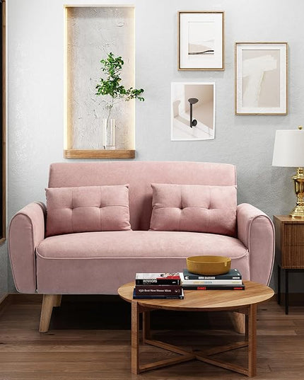 Shintenchi 47" Loveseat Wood Sofa with High-Density Sponge Cushion, Mid-Century Modern Design, Pink - LeafyLoom