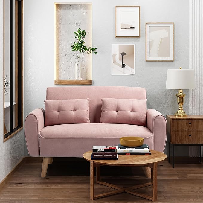 Shintenchi 47" Loveseat Wood Sofa with High-Density Sponge Cushion, Mid-Century Modern Design, Pink - LeafyLoom