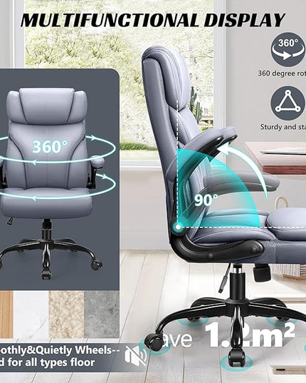 Office Chair, Ergonomic Big and Tall Computer Desk Chairs, Executive Breathable Leather Chair with Adjustable High Back Flip-up Armrests, Lumbar Support Swivel PC Chair with Rocking Function - LeafyLoom
