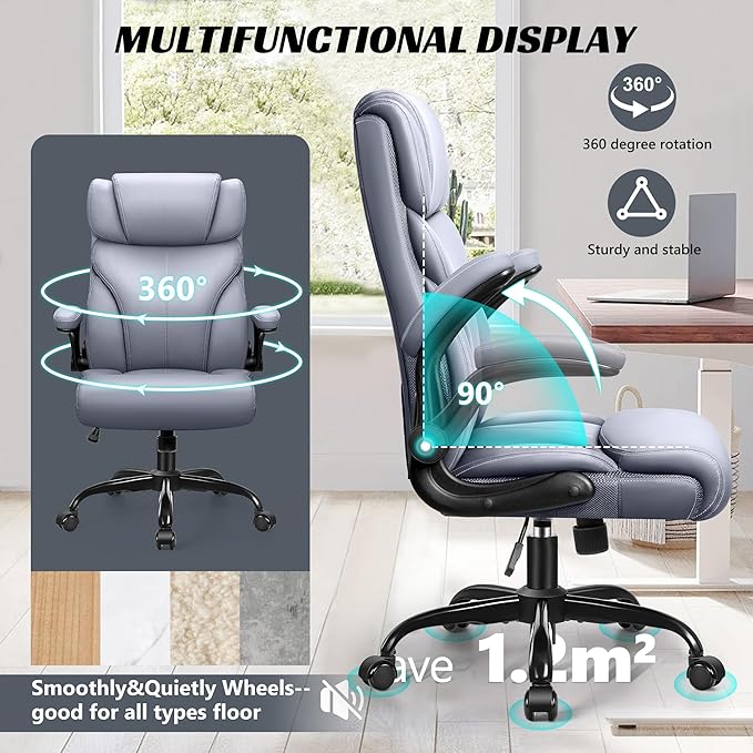Office Chair, Ergonomic Big and Tall Computer Desk Chairs, Executive Breathable Leather Chair with Adjustable High Back Flip-up Armrests, Lumbar Support Swivel PC Chair with Rocking Function - LeafyLoom
