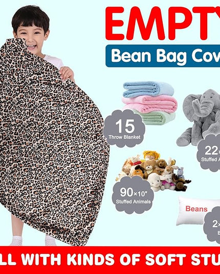 Lukeight Stuffed Animal Storage Bean Bag Chair Cover for Kids, Zipper Beanbag Chair Cover for Organizing Toddler & Kids' Rooms Plush Toys (Leopard Velvet, X-Large) - LeafyLoom