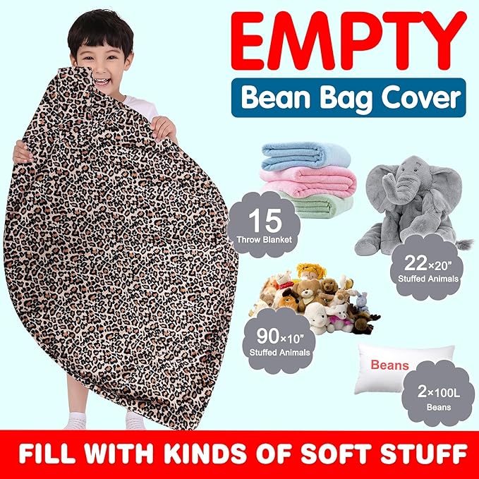 Lukeight Stuffed Animal Storage Bean Bag Chair Cover for Kids, Zipper Beanbag Chair Cover for Organizing Toddler & Kids' Rooms Plush Toys (Leopard Velvet, X-Large) - LeafyLoom