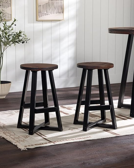 Walker Edison Rustic Distressed Solid Wood Round Dining Room Counter Top Bar Stool, 24 Inch, Mahogany - LeafyLoom