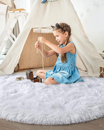 White Round Rug for Bedroom, Super Fluffy Circle Rugs for Baby Nursery, 5'X5' Feet Furry Carpet for Children Kids Room, Cute Soft Shaggy Rug for Girls Home Decor, Fuzzy Plush Carpets for Dorm - LeafyLoom