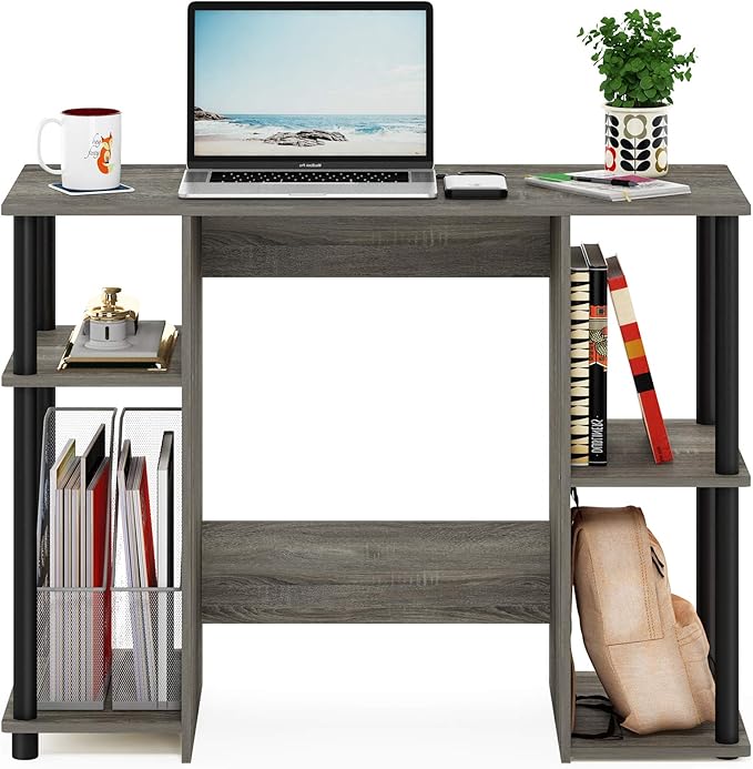 Furinno Jaya Computer Study Desk With Open Storage, French Oak Grey/Black - LeafyLoom