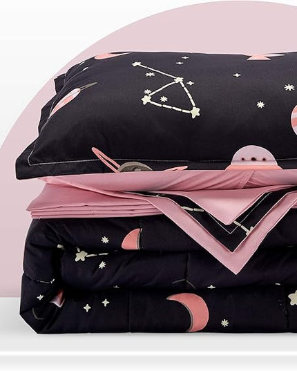 SLEEP ZONE Kids Bedding Comforter Set Full/Queen Size - Super Cute & Soft Kids Bedding 7 Pieces Set with Comforter, Sheet, Pillowcase & Sham (Pink Galaxy) - LeafyLoom