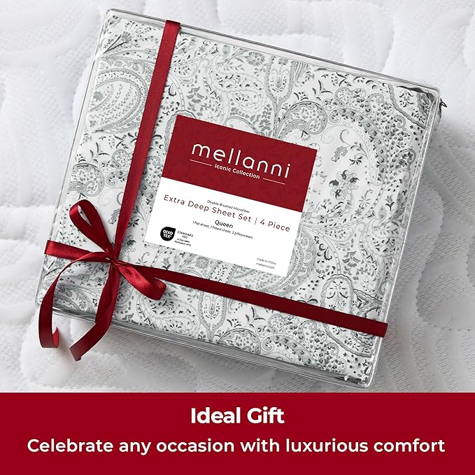 Mellanni Extra Deep Full Sheets - 4 PC Iconic Collection Bedding Sheets & Pillowcases - Hotel Luxury, Ultra Soft, Cooling Bed Sheets - Extra Deep Pocket up to 21 inch (Full, Paisley Gray) - LeafyLoom