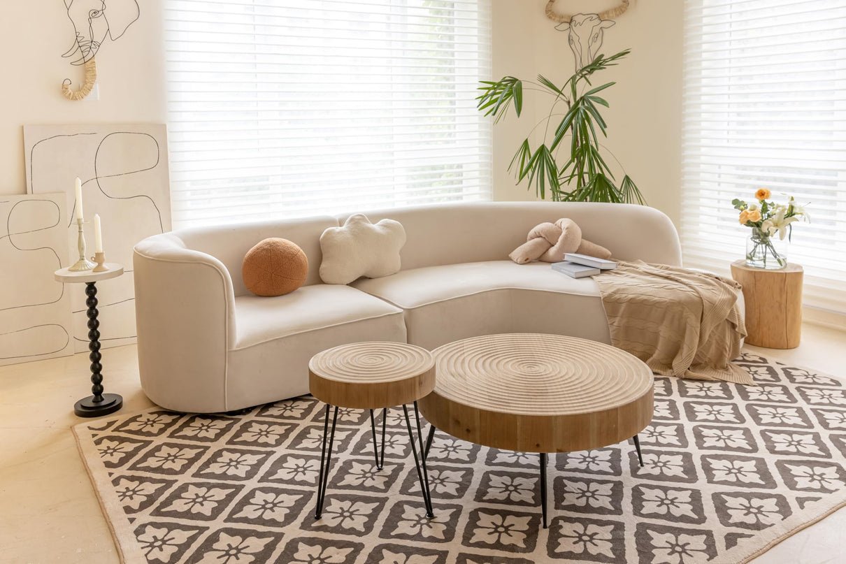 2-Piece Modern Farmhouse Living Room Coffee Table Set, Nesting Table Round Natural Finish with Handcrafted Wood Ring Motif, Wood Colour LeafyLoom