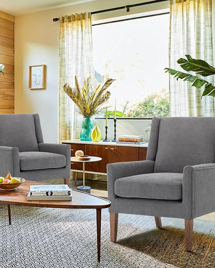 COLAMY Modern Wingback Living Room Chair, Upholstered Fabric Accent Armchair, Single Sofa chair with Lounge Seat and Wood Legs for Bedroom/Office/Reading Spaces, Gery - LeafyLoom