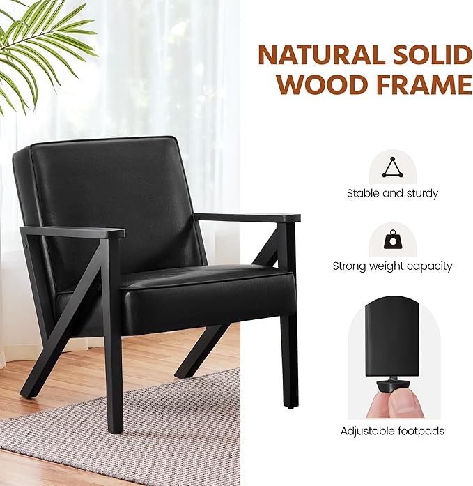 Yaheetech Accent Chair, Armchair with Strong Wood Frame, PU Leather Modern Retro Lounge Chair for Living Room/Lounge/Office/Reception Area, Black, 2 Pieces - LeafyLoom
