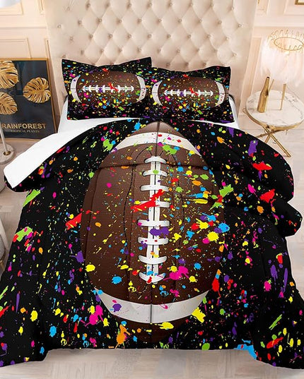 Tailor Shop Football Comforter Set for Boys Kids Teens 3D Colorful Splash Ink Football Sports Bedding Set Full Size with 1 Comforter 2 Pillow Shams…… - LeafyLoom