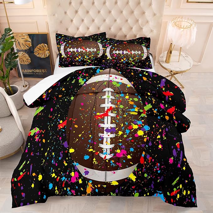 Tailor Shop Football Comforter Set for Boys Kids Teens 3D Colorful Splash Ink Football Sports Bedding Set Full Size with 1 Comforter 2 Pillow Shams…… - LeafyLoom