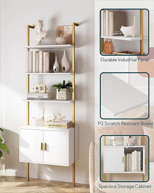 Yusong 73" Tall Bookshelf with Cabinet, Industrial Ladder Wall Mount Shelf Bookcase with Wood and Metal Frame, Plant Shelf Wall Storage Display for Living Room Bedroom, White Gold - LeafyLoom