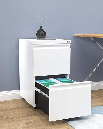 YITAHOME 2-Drawer Vertical File Cabinet with Lock, 20” Deep Mobile Metal Filing Cabinet for Legal/Letter Size, 20” Height Pre-Built Office Storage File Cabinet Except Wheels Under Desk - White - LeafyLoom
