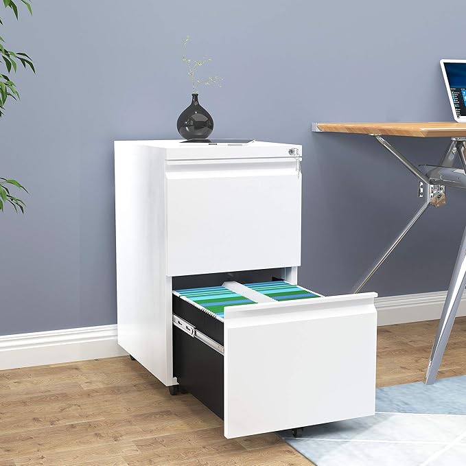 YITAHOME 2-Drawer Vertical File Cabinet with Lock, 20” Deep Mobile Metal Filing Cabinet for Legal/Letter Size, 20” Height Pre-Built Office Storage File Cabinet Except Wheels Under Desk - White - LeafyLoom