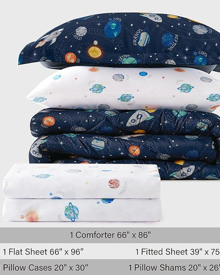 Twin Size Space Kids Bedding Set for Girls, 5 Pieces Super Soft Lightweight Microfiber Comforter Set with Sheets, Space Bedding Twin, Bed in a Bag, Durable Children Bed Set - LeafyLoom