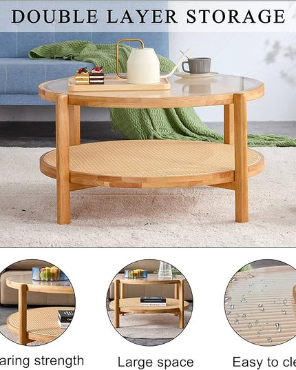 NicBex Dining Table Round Kitchen Table Contemporary Modern Minimalist Circular Double-Layer Solid Wood Coffee Table, Craft Glass Tabletop, Rattan, Solid Wood Frame, Natural Wood - LeafyLoom