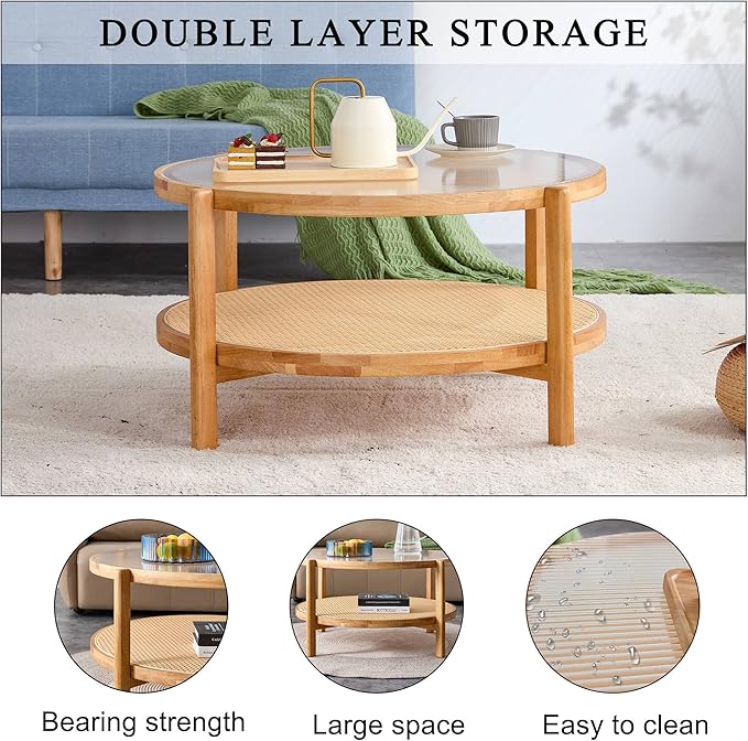 NicBex Dining Table Round Kitchen Table Contemporary Modern Minimalist Circular Double-Layer Solid Wood Coffee Table, Craft Glass Tabletop, Rattan, Solid Wood Frame, Natural Wood - LeafyLoom