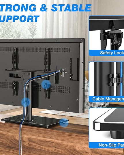 Universal TV Stand Mount for 27-60 inch TVs, Height Adjustable Table Top TV Stand Holds up to 88lbs, TV Mount Stand with Tempered Glass Base, Replacement TV Base Stands Max VESE 400x400mm - LeafyLoom