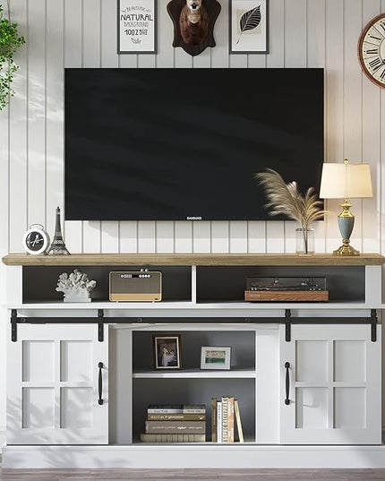 TV Stand with 2 Sliding Barn Doors, 58 Inch TV Stand with Storage Cabinet and Shelves, Television Stands with Storage for Living Room, Bedroom, White - LeafyLoom