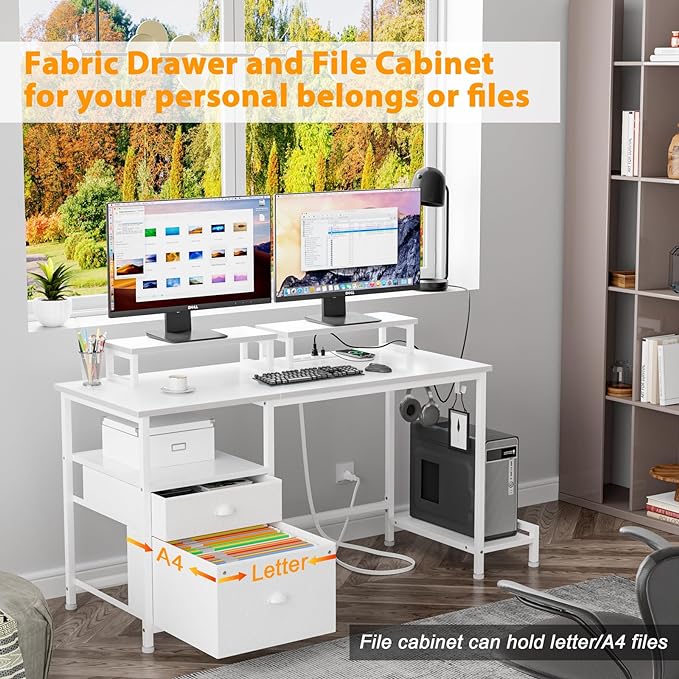 Furologee White Computer Desk with Drawer and Power Outlets, 47" Office Desk with 2 Monitor Stands and Fabric File Cabinet, Writing Gaming Table with Shelves and 2 Hooks for Home Office - LeafyLoom