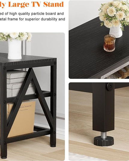 TV Stand for TV up to 70 Inch, Long 63" TV Cabinet with 3-Tier Storage Shelves,Entertainment Center TV Console Table for Living Room with Industrial TV Metal Frame, Black Oak - LeafyLoom