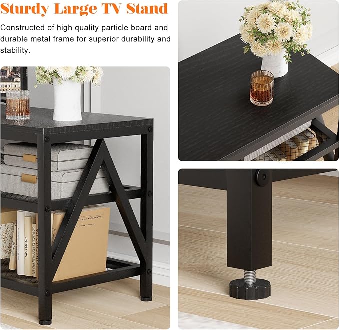 TV Stand for TV up to 70 Inch, Long 63" TV Cabinet with 3-Tier Storage Shelves,Entertainment Center TV Console Table for Living Room with Industrial TV Metal Frame, Black Oak - LeafyLoom