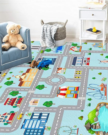 Kids Car Rug, 3' 3" x 5' 3" City Life Traffic Road Playmat for Toy Cars Trains, Non-Slip Race Track Carpet Educational Fun Area Rugs for Boy and Girl Bedroom Nursery - LeafyLoom