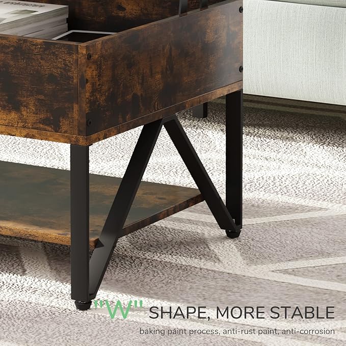 Novilla Lift Top Coffee Table with Storage 40 Inch Wood Lift Up Center Table for Living Room Tea Table with Hidden Compartment Rising Tabletop Table Cocktail Table, Rustic Brown - LeafyLoom