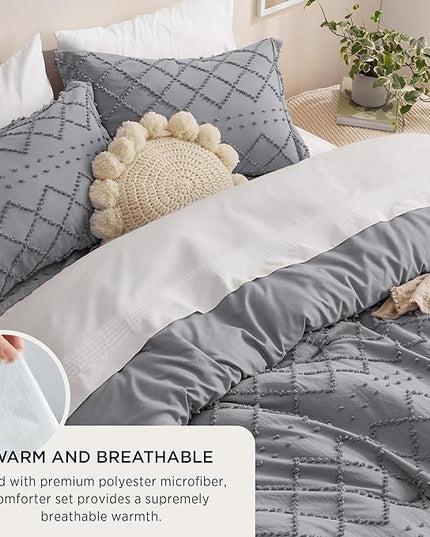 Bedsure Queen Comforter Set - Grey Comforter, Boho Tufted Shabby Chic Bedding Comforter Set, 3 Pieces Vintage Farmhouse Bed Set for All Seasons, Fluffy Soft Bedding Set with 2 Pillow Shams - LeafyLoom