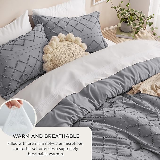 Bedsure Queen Comforter Set - Grey Comforter, Boho Tufted Shabby Chic Bedding Comforter Set, 3 Pieces Vintage Farmhouse Bed Set for All Seasons, Fluffy Soft Bedding Set with 2 Pillow Shams - LeafyLoom