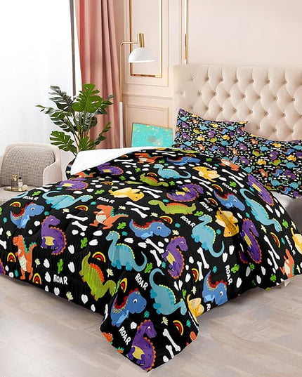 Dinosaur Comforter Set Queen - Cartoon Dinosaur Bedding Boys Comforter Set Soft Breathable Dinosaur Quilt Kids Queen Size Bedding Set for All Season, 1 Comforter 2 Pillowcase - LeafyLoom