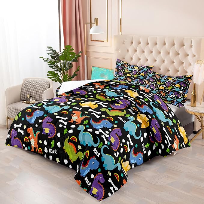 Dinosaur Comforter Set Queen - Cartoon Dinosaur Bedding Boys Comforter Set Soft Breathable Dinosaur Quilt Kids Queen Size Bedding Set for All Season, 1 Comforter 2 Pillowcase - LeafyLoom