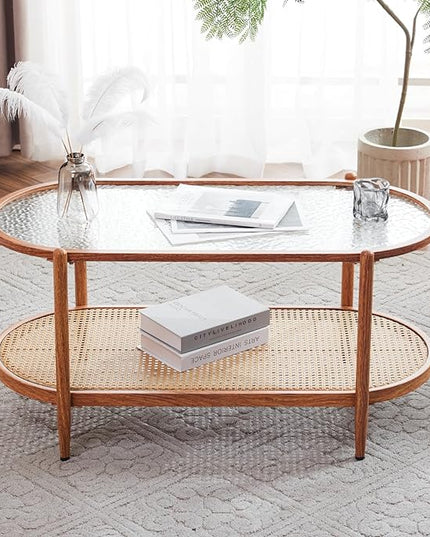 VINGLI 38" Rattan Oval Coffee Table, Water-wave Glass Metal Center Table, Modern Coffee Tbale with 2-Tier Storage, Farmhouse Coffee table for Living Room and Small Space, Natural Vibe - LeafyLoom