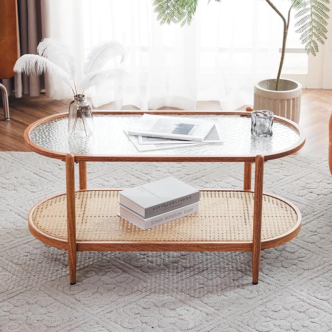 VINGLI 38" Rattan Oval Coffee Table, Water-wave Glass Metal Center Table, Modern Coffee Tbale with 2-Tier Storage, Farmhouse Coffee table for Living Room and Small Space, Natural Vibe - LeafyLoom