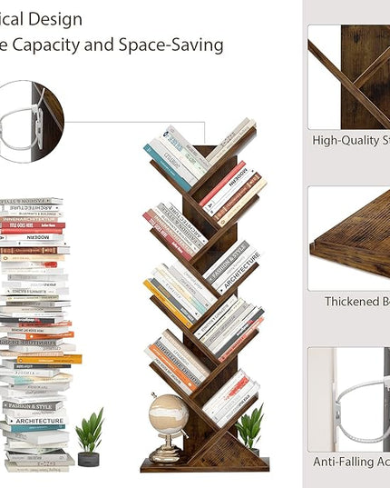 Topfurny Tree Bookshelf, 9-Tier Shelf Rustic Brown Bookcase, Retro Wood Storage Rack for CDs/Movies/Books, Anti-Fall Utility Organizer Shelves for Living Room, Bedroom, Home Office, Rustic - LeafyLoom