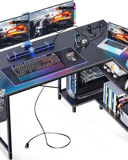 ODK 48 Inch Small L Shaped Gaming Computer Desk with Power Outlets,Corner Desk with Reversible Storage Shelves & PC Stand for Small Space, Modern Simple Home Office Table, Carbon Fiber Surface, Black - LeafyLoom