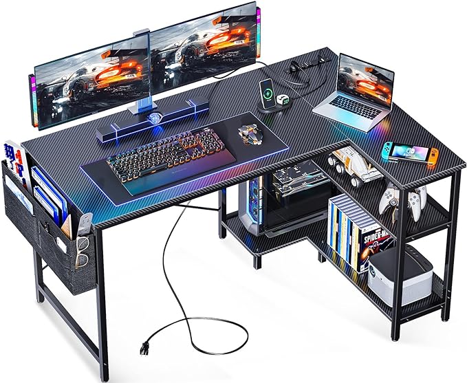 ODK 48 Inch Small L Shaped Gaming Computer Desk with Power Outlets,Corner Desk with Reversible Storage Shelves & PC Stand for Small Space, Modern Simple Home Office Table, Carbon Fiber Surface, Black - LeafyLoom