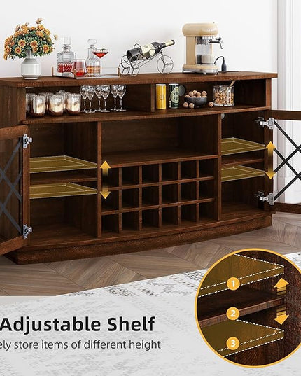 DWVO Wine Bar Cabinet with LED Light, 58'' Large Wine Cabinet w/Storage, Tempered Glass Doors, Adjustable Shelf, 32'' Tall Coffee Bar for Living Room, Dining Room, Rustic Brown - LeafyLoom