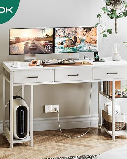 AODK 48 Inch Computer Desk with Fabric Drawers & Power Outlets, Office Desk with Storage Shelves & CPU Stand, Writing Study Table, Small Desk for Bedroom, White - LeafyLoom