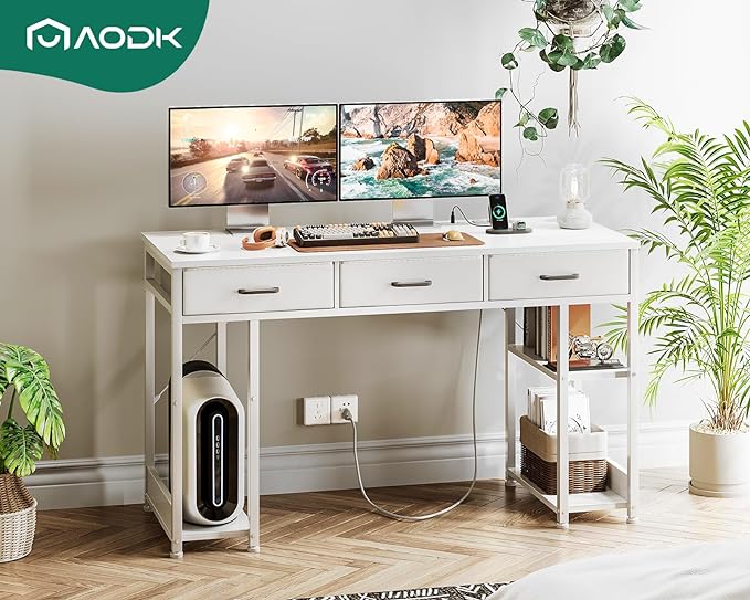 AODK 48 Inch Computer Desk with Fabric Drawers & Power Outlets, Office Desk with Storage Shelves & CPU Stand, Writing Study Table, Small Desk for Bedroom, White - LeafyLoom