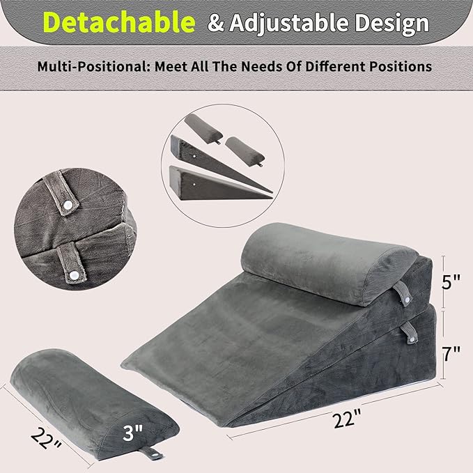 4PCS Adjustable Bed Wedge Pillow Sleeping Support Set 100% Memory Foam for Postoperative recovery, Back Neck Leg Support,Acid Reflux and GERD,Sitting Reading Dark Gray - LeafyLoom