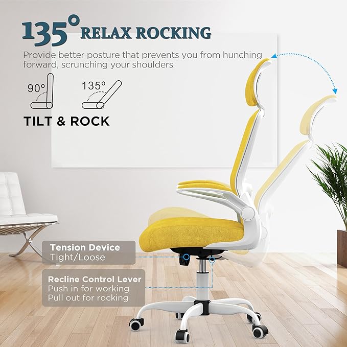 Mimoglad Office Chair, High Back Ergonomic Desk Chair with Adjustable Lumbar Support and Headrest, Swivel Task Chair with flip-up Armrests for Guitar Playing, 5 Years Warranty (Classic, Yellow) - LeafyLoom