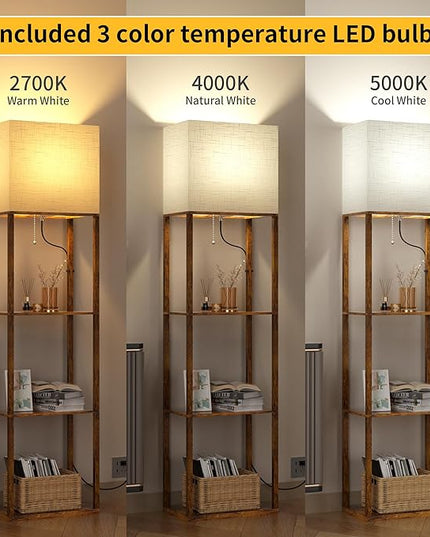 Dott Arts Floor Lamp with Shelves, Wide Floor Lamps for Living Room Display Shelf Lamps with 3 Color LED Bulb,Storage Wood Modern Floor Lamp for Bedroom Standing Lamp for Living Room Office（Brown） - LeafyLoom