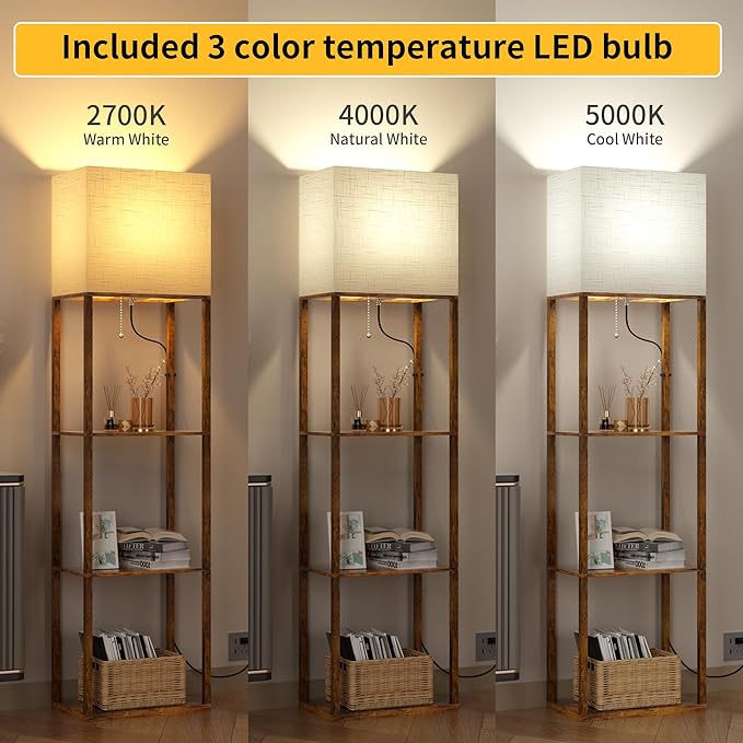 Dott Arts Floor Lamp with Shelves, Wide Floor Lamps for Living Room Display Shelf Lamps with 3 Color LED Bulb,Storage Wood Modern Floor Lamp for Bedroom Standing Lamp for Living Room Office（Brown） - LeafyLoom