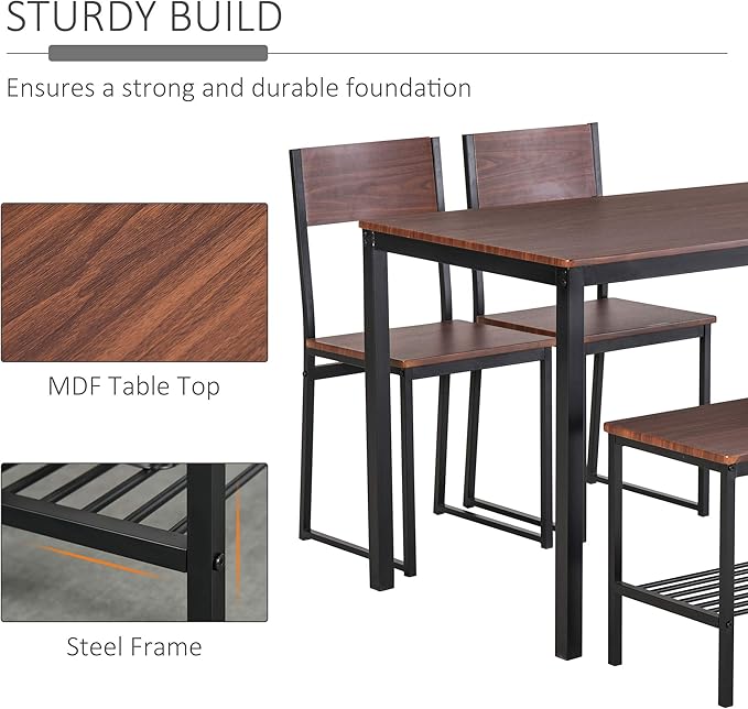 NicBex Dining Table for 4 Breakfast Nook Table Set Industrial 4 Piece Dining Room Table Set with Bench Wooden Kitchen Table and Chairs w/Storage Rack for Kitchen, Dinette, Rustic Brown - LeafyLoom