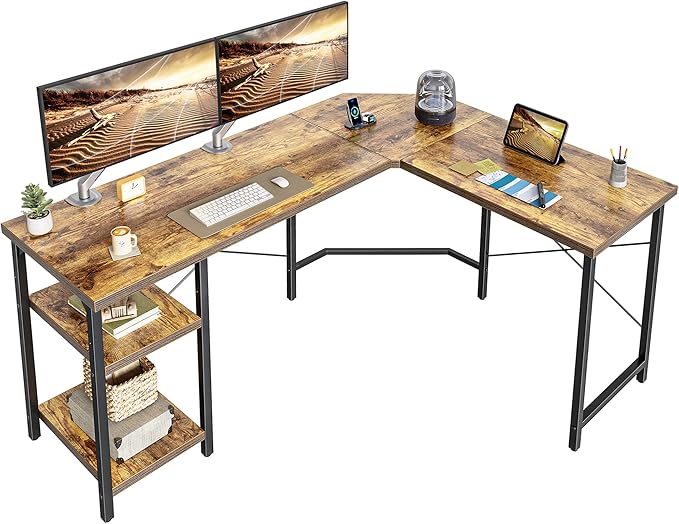 CubiCubi L Shaped Desk, 59.1 Inch Reversible Corner Desk with Storage Shelves, Home Office Desk for Writing Gaming Study, Rustic Brown - LeafyLoom